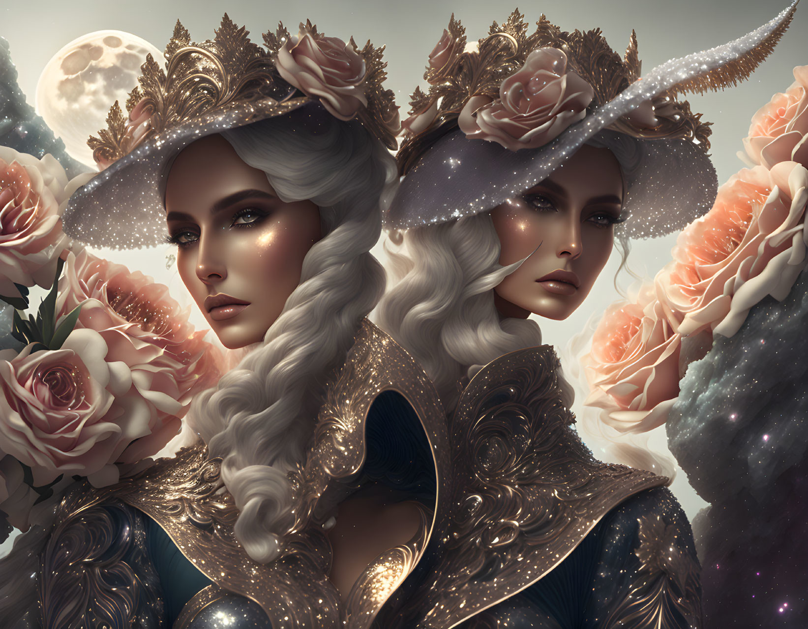 Ethereal women in celestial hats under night sky