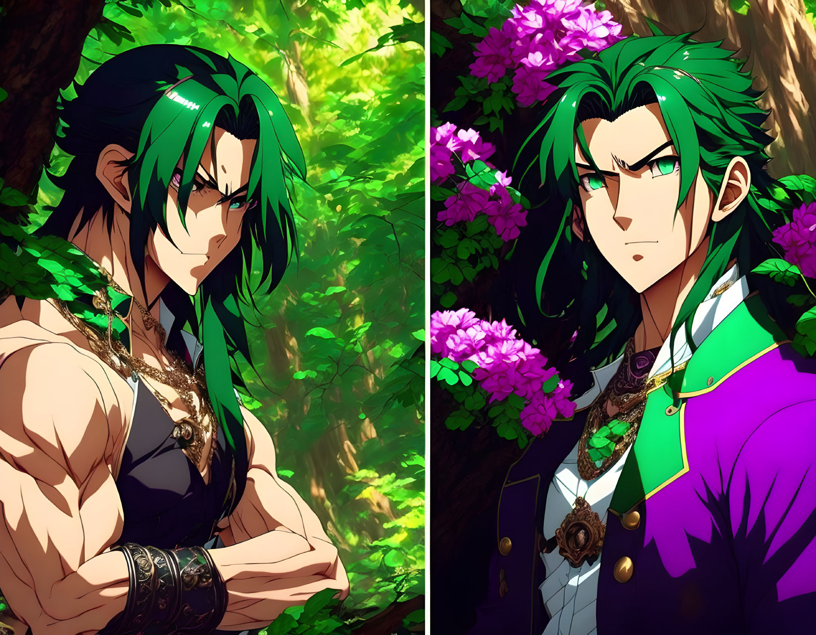 Split image of animated character with long green hair in ornate clothing and armor against vibrant forest.