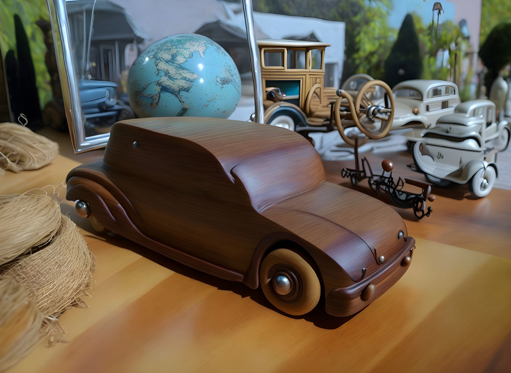 Vintage wooden toy car with globes and ropes on table