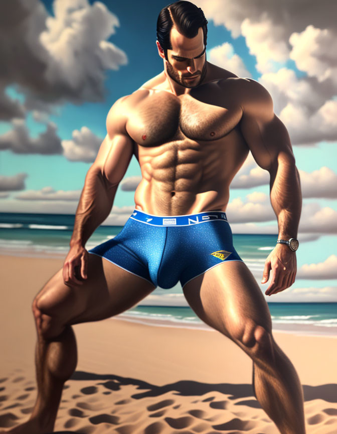 Muscular animated character in blue swim briefs on beach with waves and clear sky