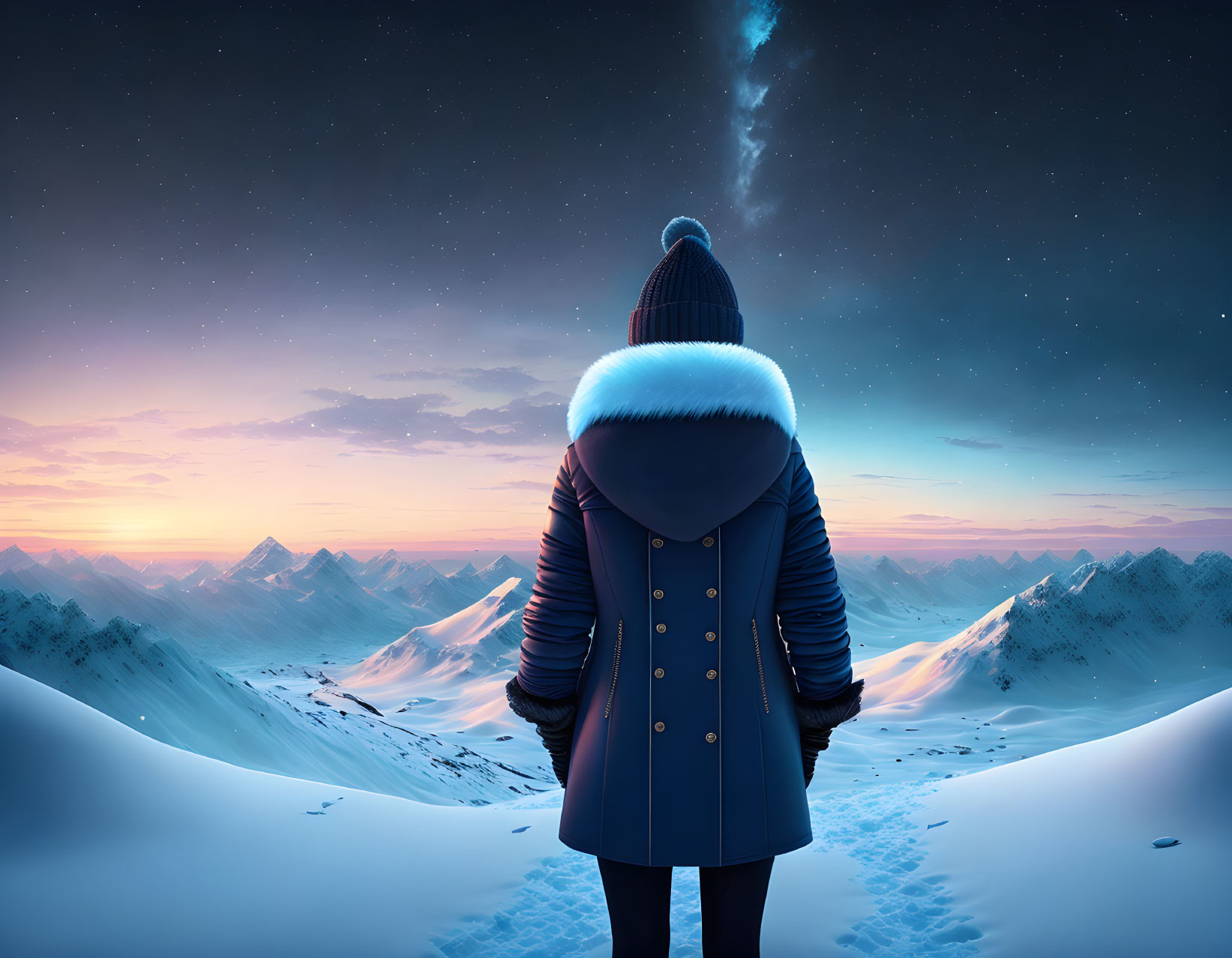 Person in Winter Attire in Snowy Mountain Landscape at Twilight