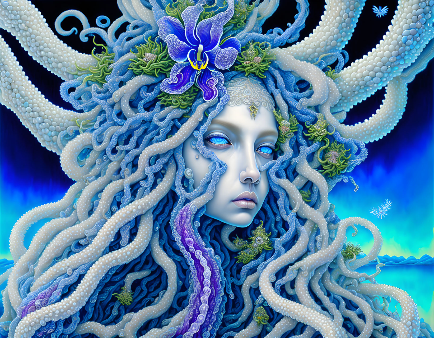 Fantastical portrait of female figure with intricate blue tentacle-like hair adorned with flora and sea creatures