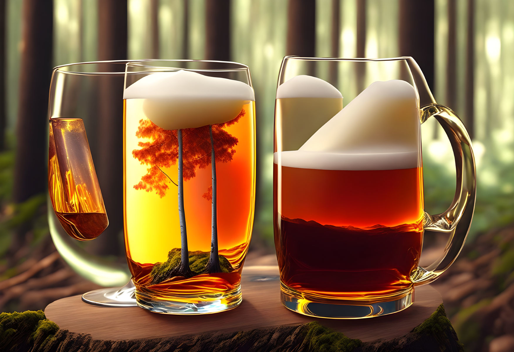 Forest landscape reflected in beer glasses on wooden surface