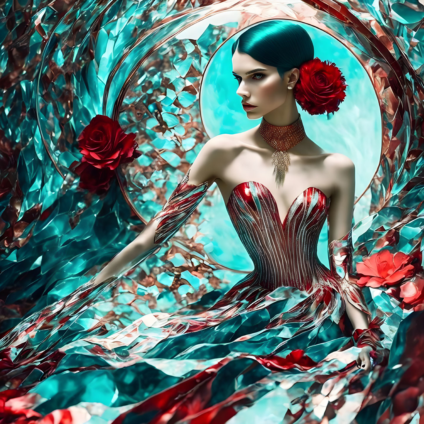 Woman with Sleek Hair and Red Flowers in Red Striped Gown Among Turquoise Crystals and