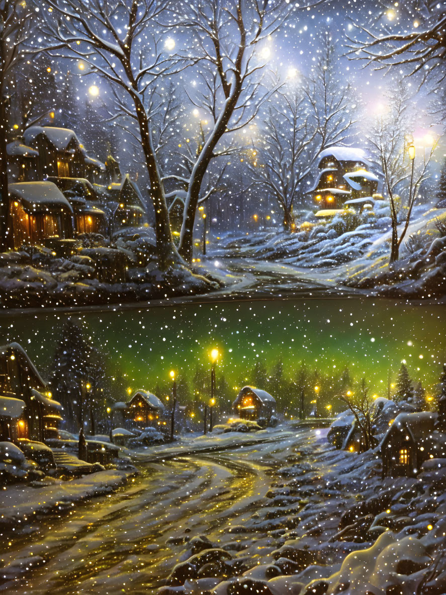 Snowy village at night: Two versions under blue and green twilight