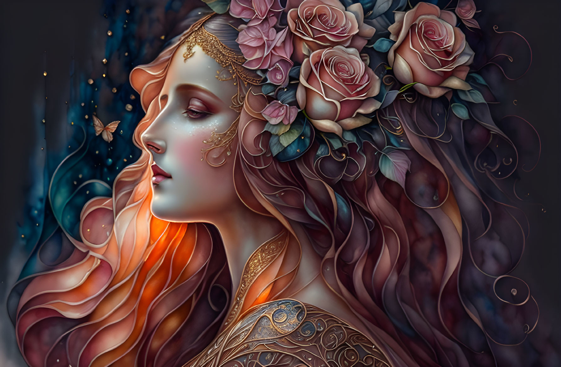 Surreal art: Woman with flowing hair, roses, butterflies, golden tattoos