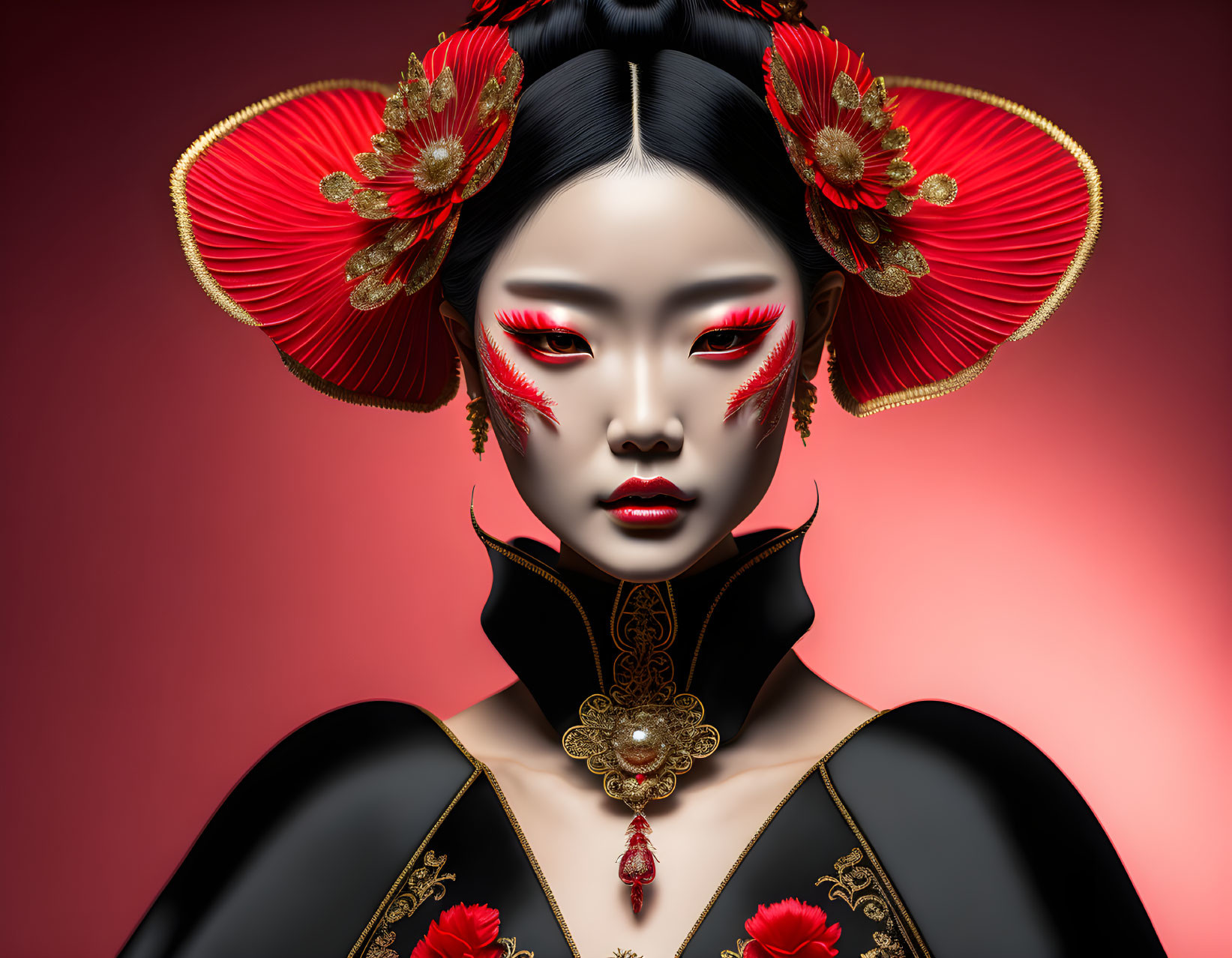 Digital artwork: Woman with red eye makeup and Chinese headdress on red gradient.