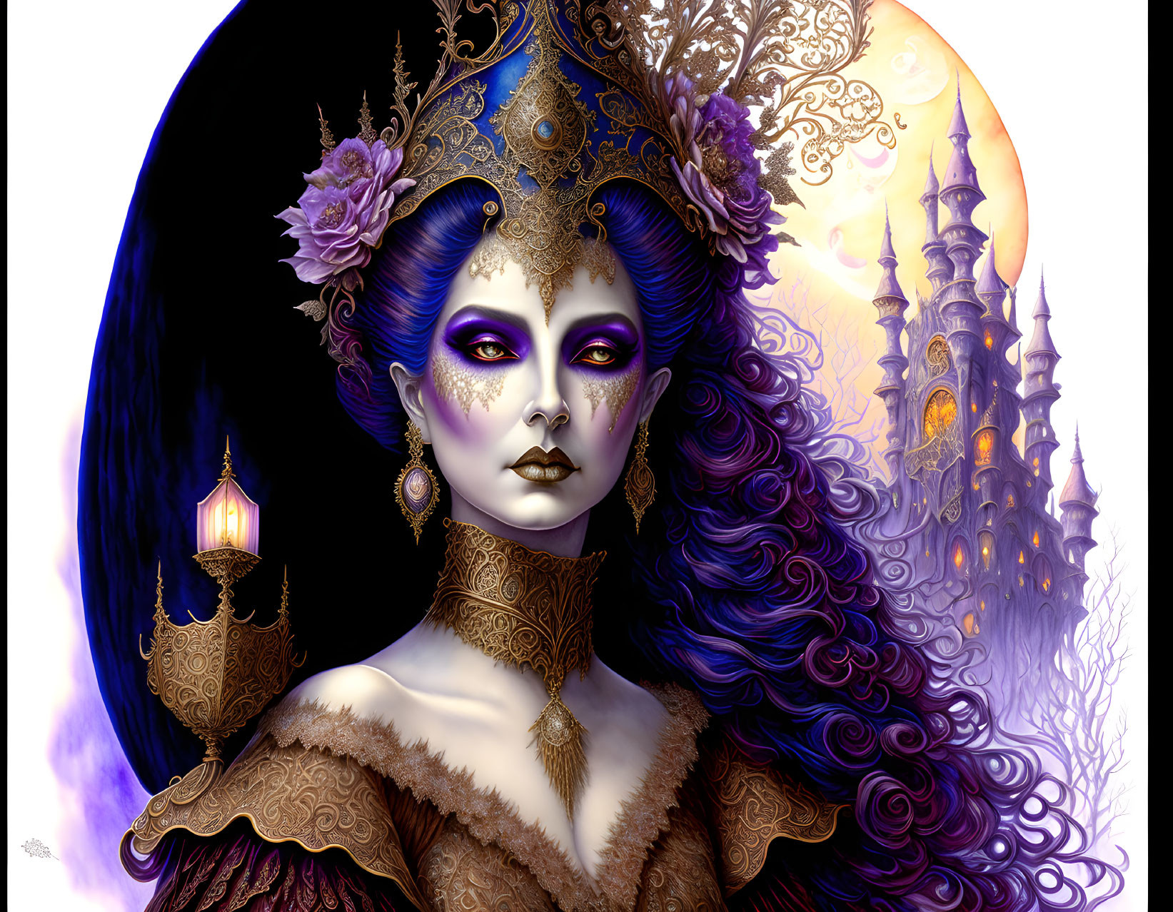 Fantasy queen with purple skin in Victorian gown & elaborate headdress against moonlit castle.