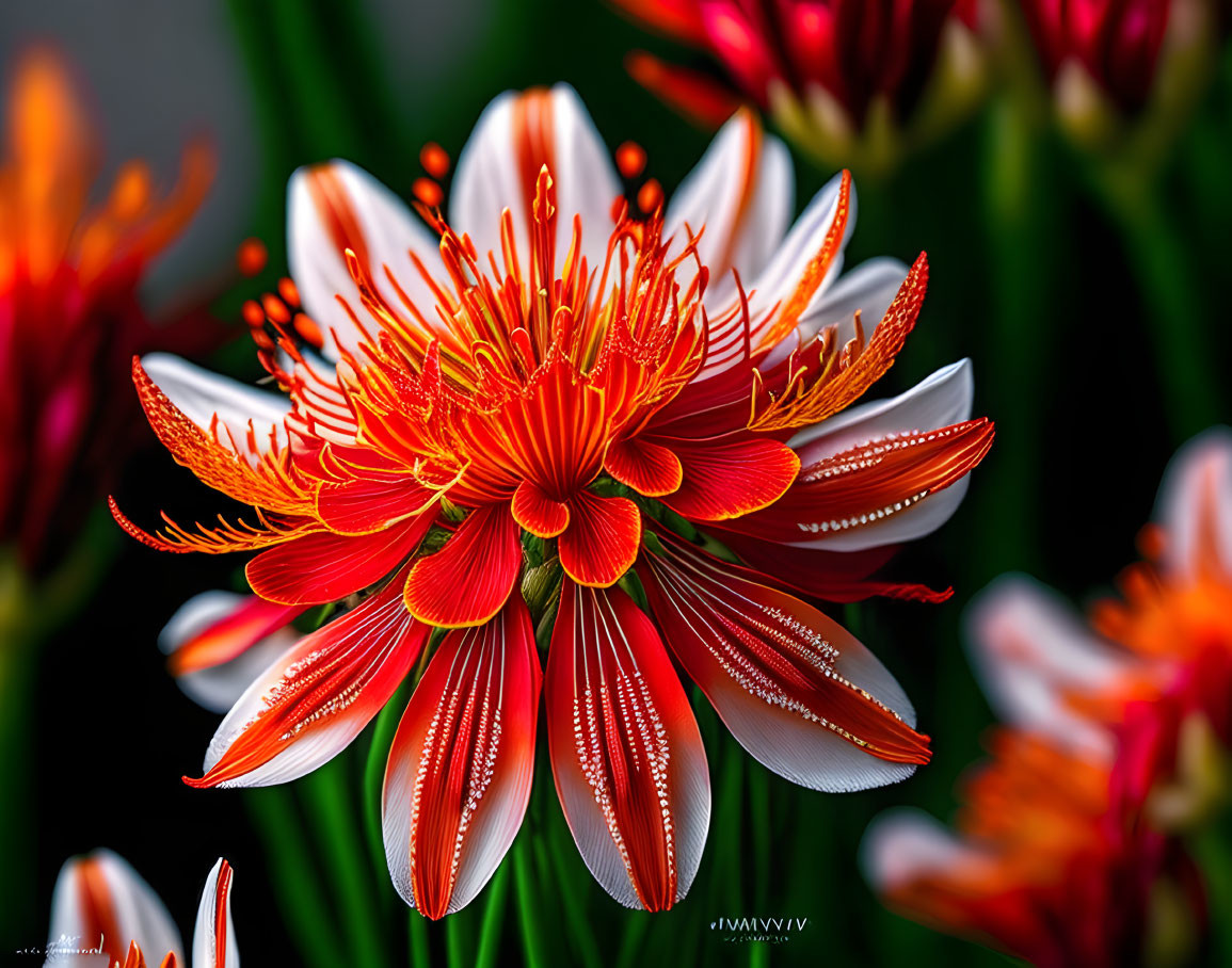 Bright red flower with white tips and yellow stamens on dark green backdrop