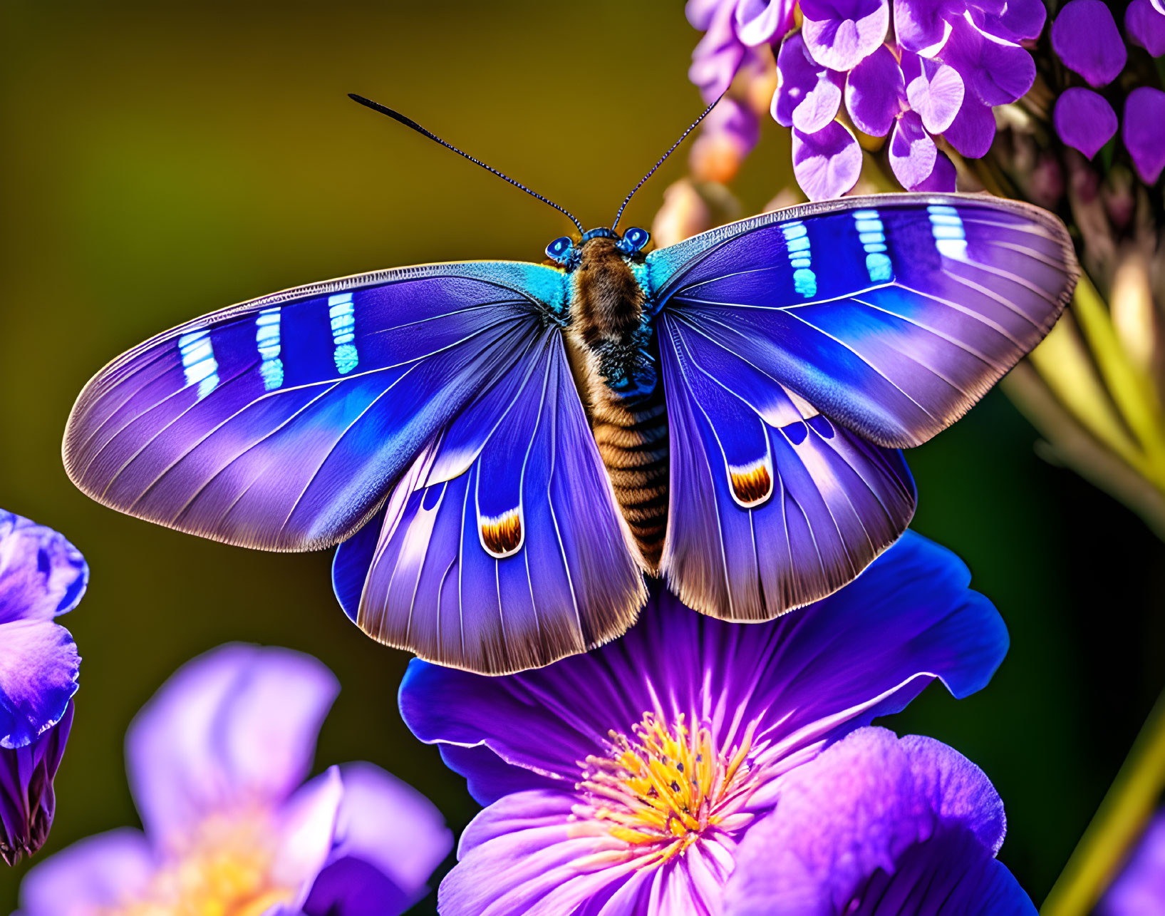 Blue Butterfly with Black and White Markings on Purple Flowers