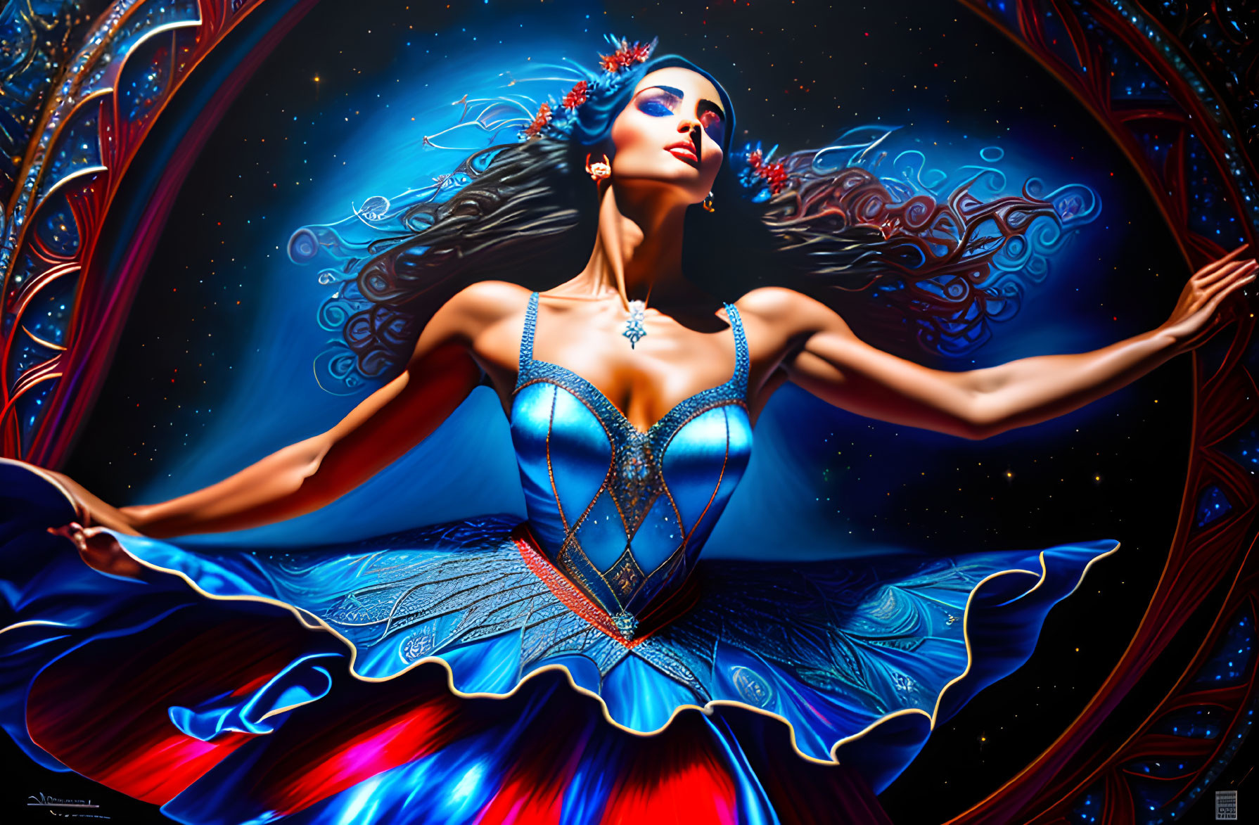 Illustrated woman in vibrant blue dress with ornate patterns on dynamic abstract backdrop