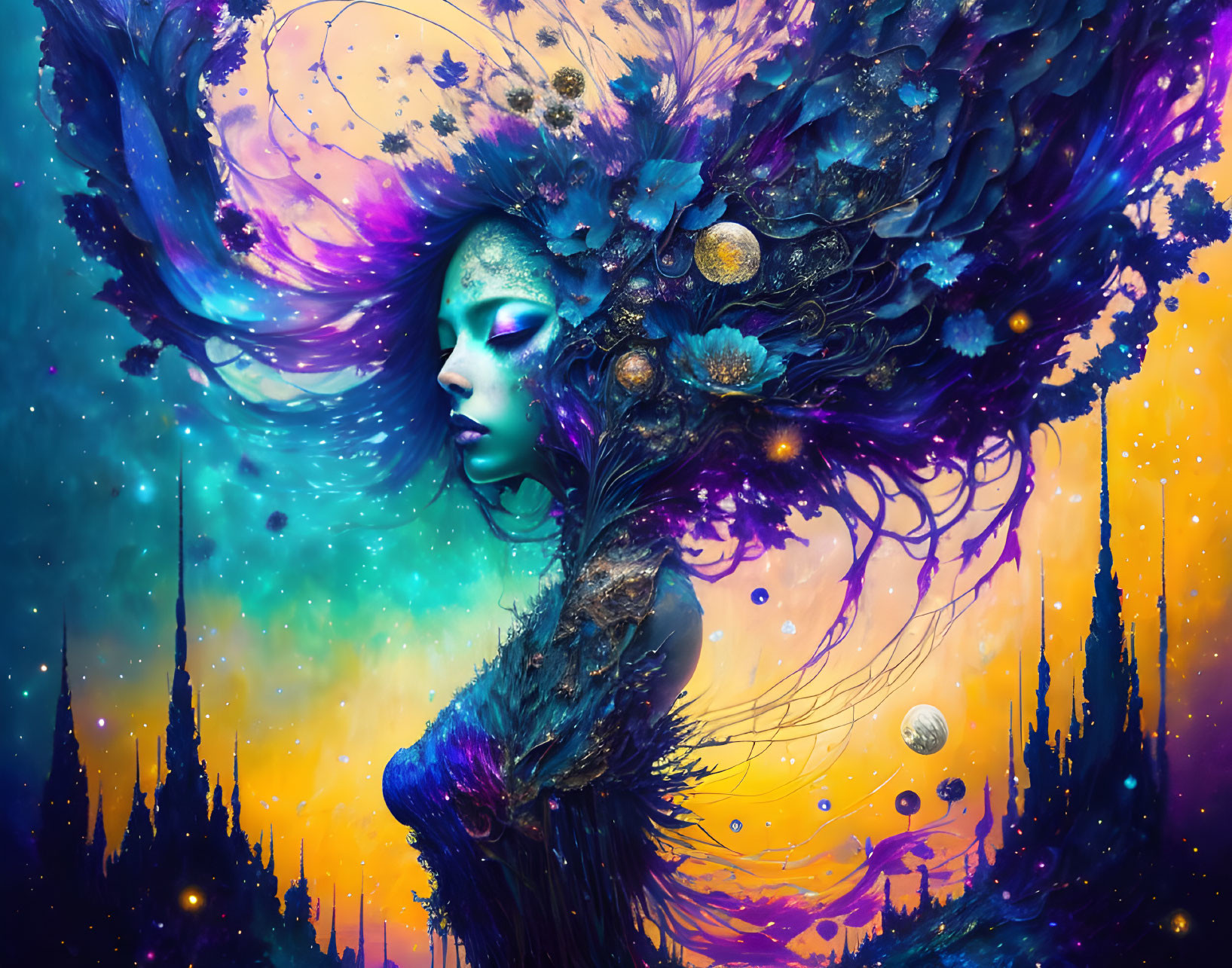 Cosmic-themed digital artwork of woman with starry hair on colorful backdrop