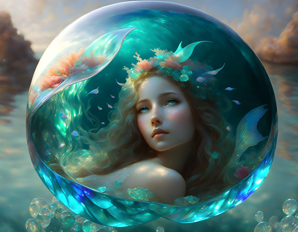 Portrait of a woman in underwater bubble surrounded by fish and coral