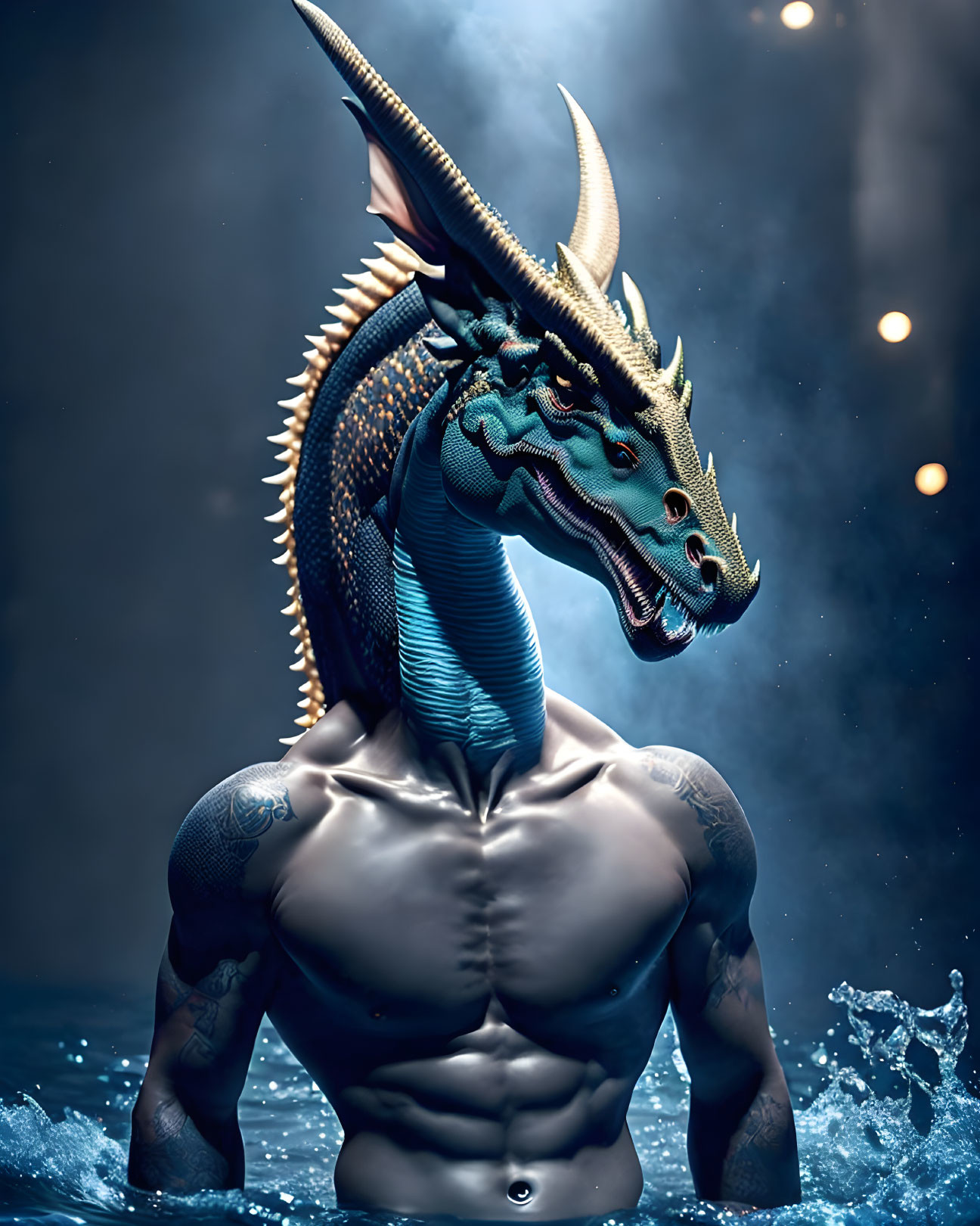 Digital artwork: Humanoid creature with dragon head, muscular torso, surrounded by water and orbs