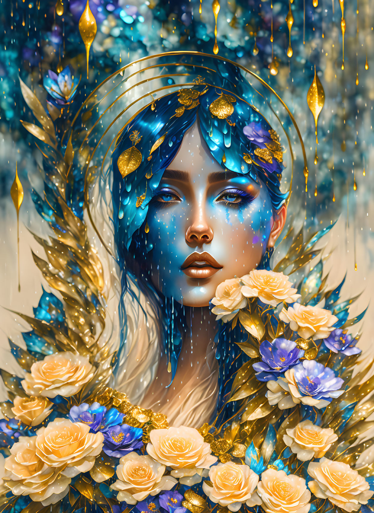 Blue-skinned woman surrounded by gold accents and mystical flowers