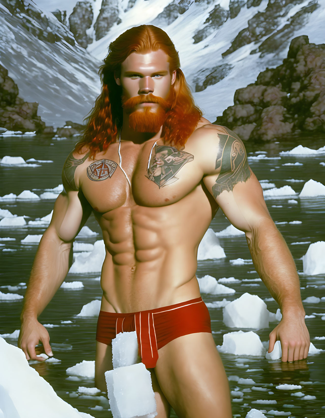 Bearded man with tattoos in red swim shorts against snowy mountains