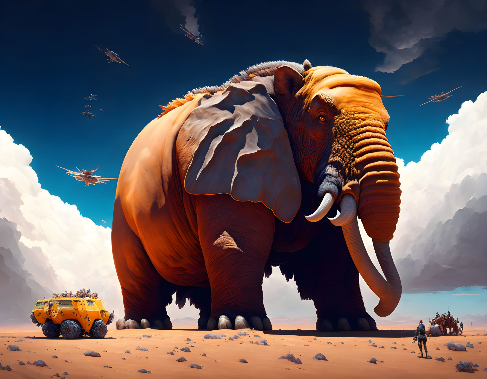 Giant elephant with rover, astronauts in desert landscape