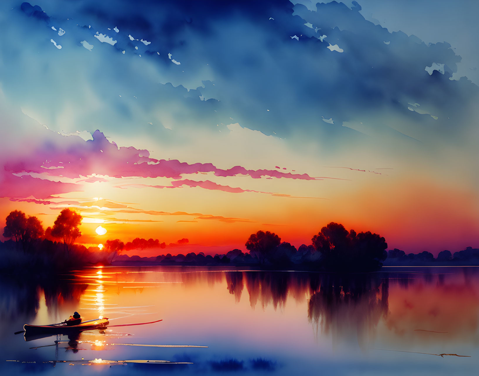 Digital artwork of serene sunset over lake with rowboat