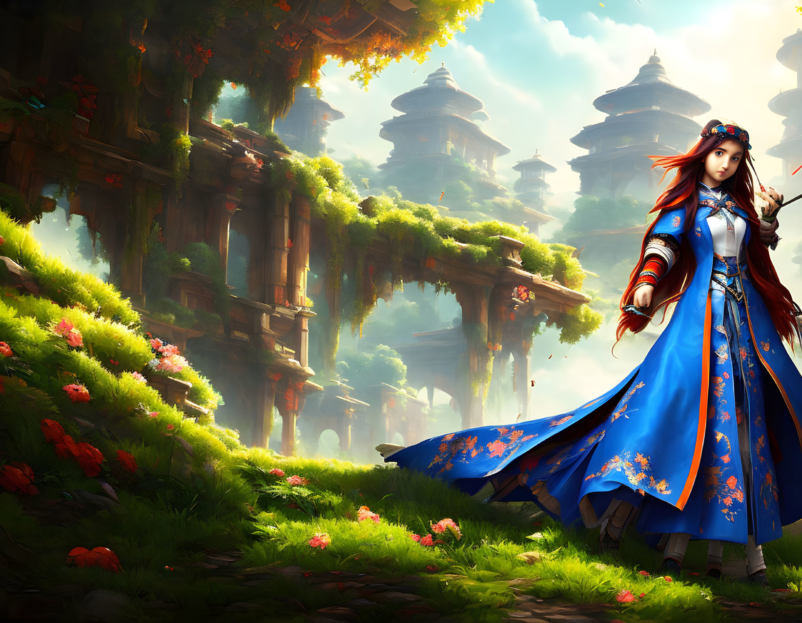 Illustration of Woman with Red Hair in Blue Outfit in Ancient Forest