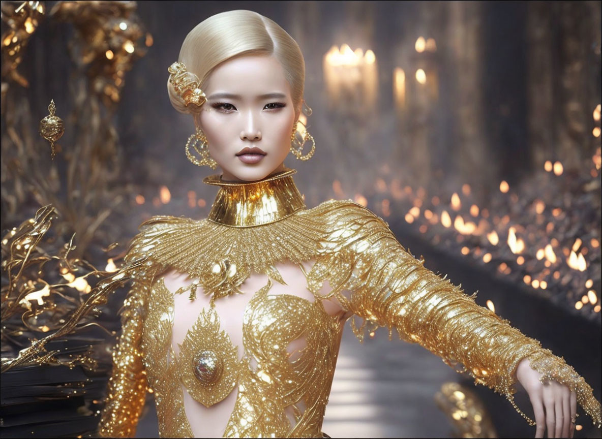 Platinum Blonde Woman in Opulent Gold Outfit & Makeup