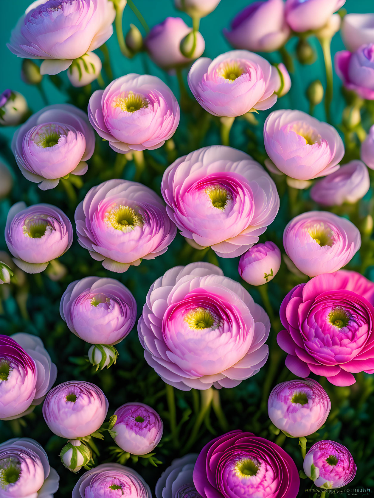 Vibrant pink ranunculus flowers with layered petals on teal backdrop