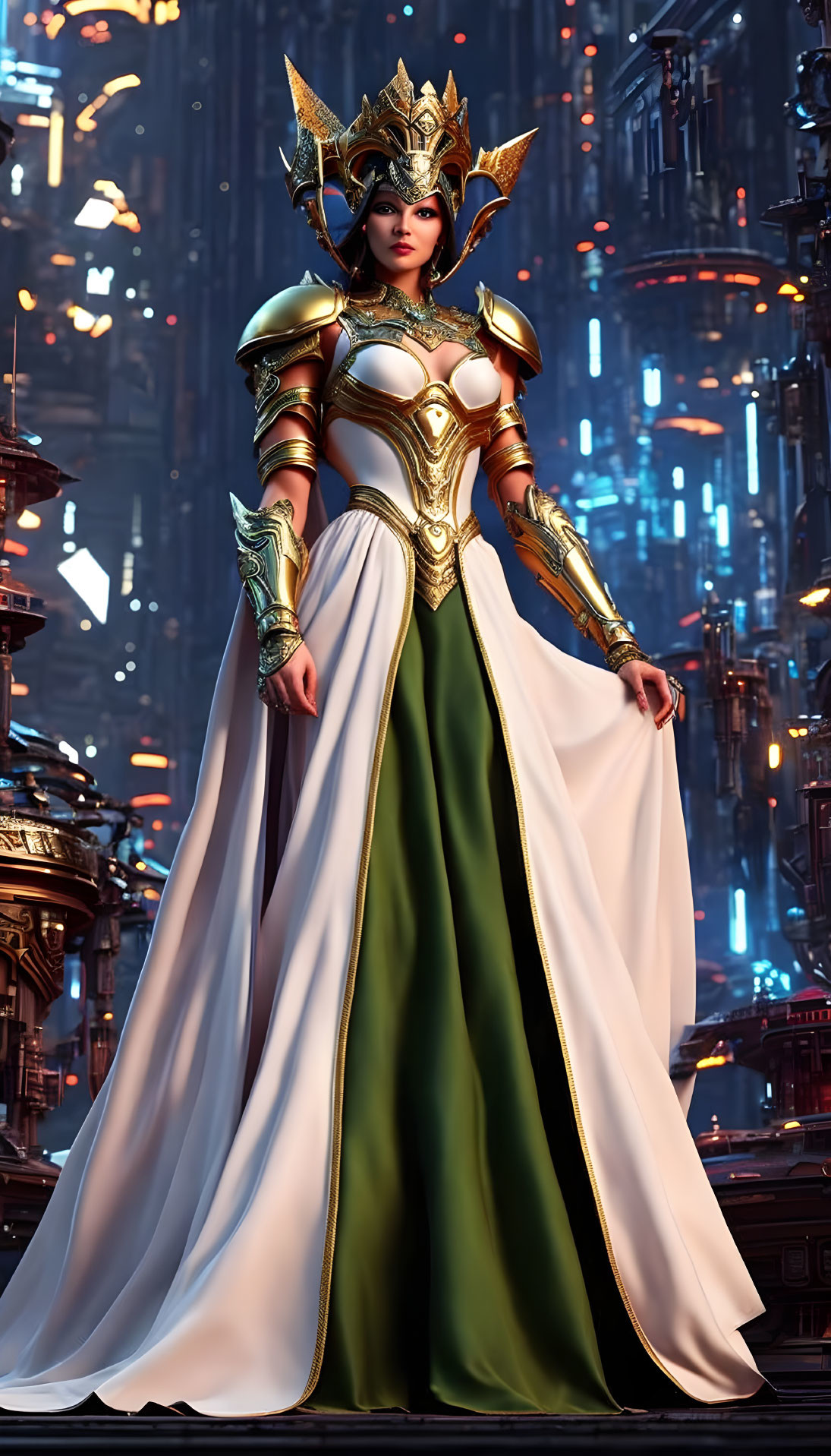 Fantasy female figure in regal armor with golden crown before futuristic cityscape