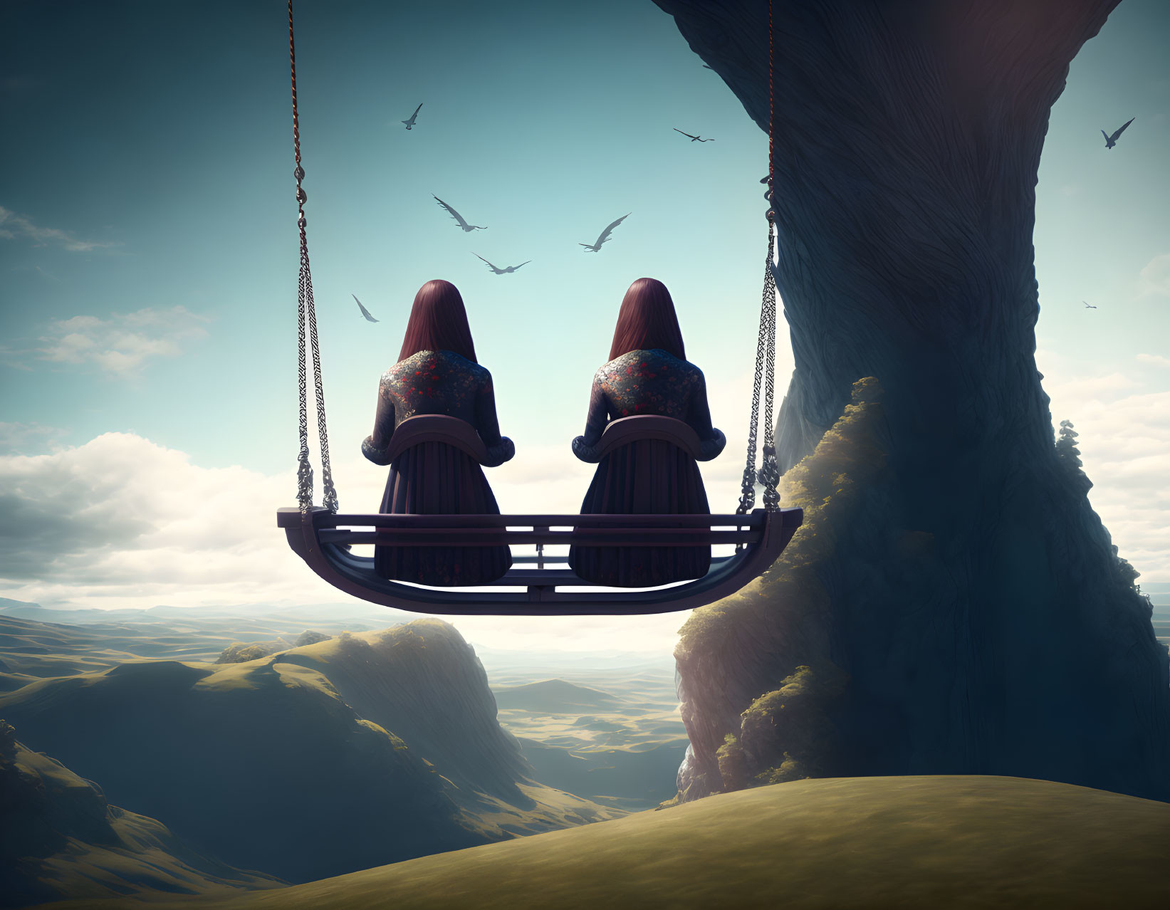 Surreal artwork featuring figures with squid-like heads on swing in surreal landscape