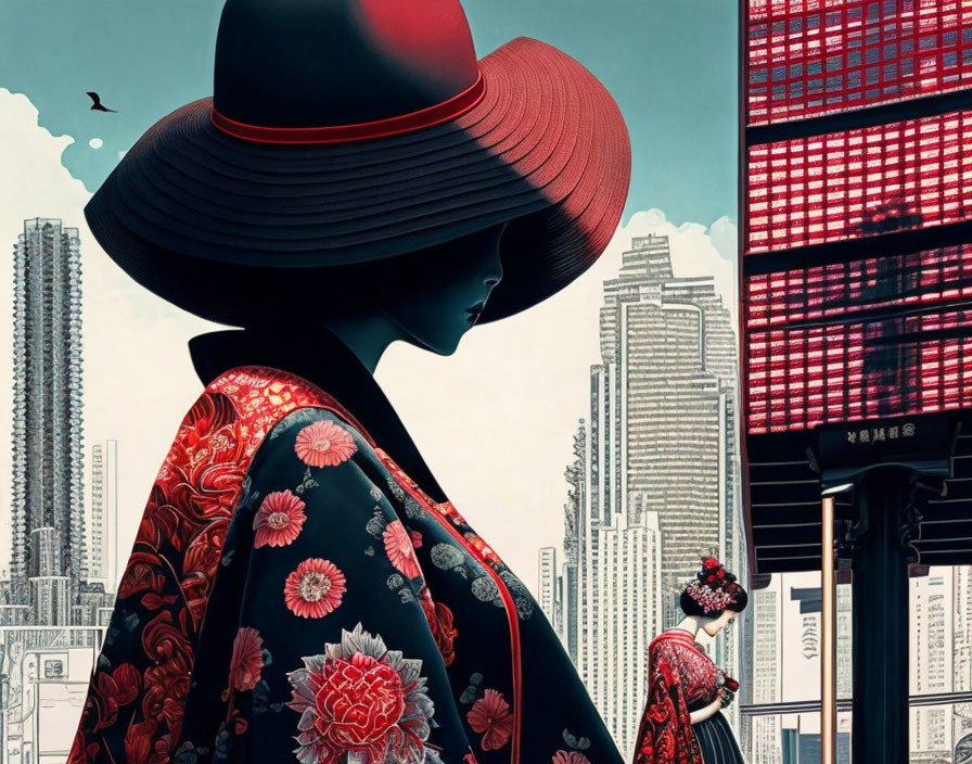 Stylized image of woman in red hat and kimono with cityscape