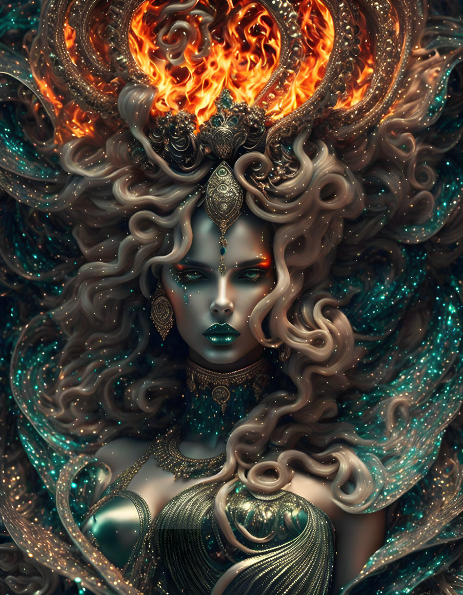 Fantastical female figure with swirling sun crown and cosmic background