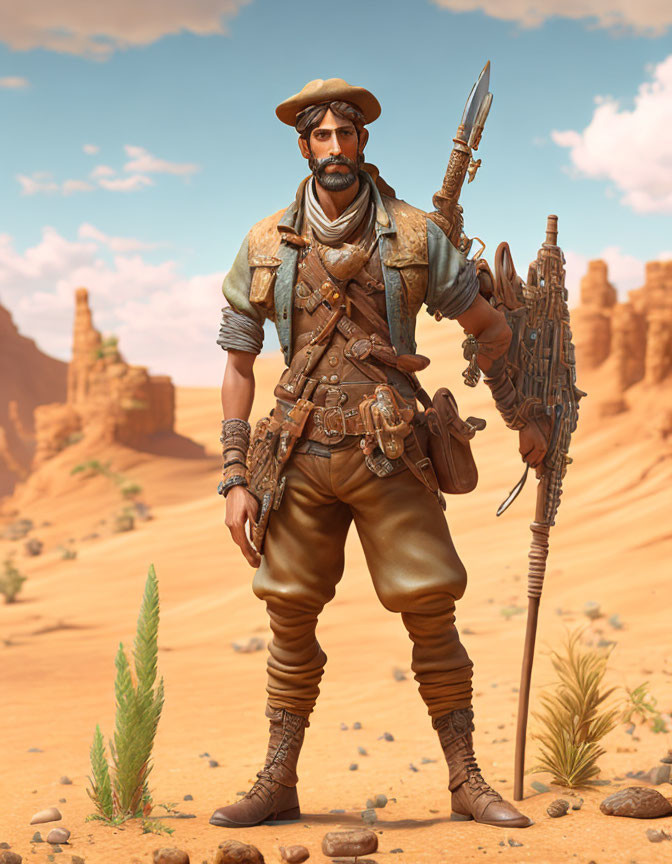 Desert adventurer in leather outfit with spear and ammunition belts