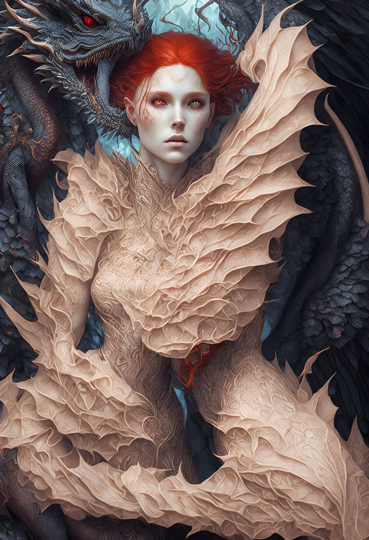 Red-haired woman in lace clothing with vibrant eyes next to a menacing dragon.