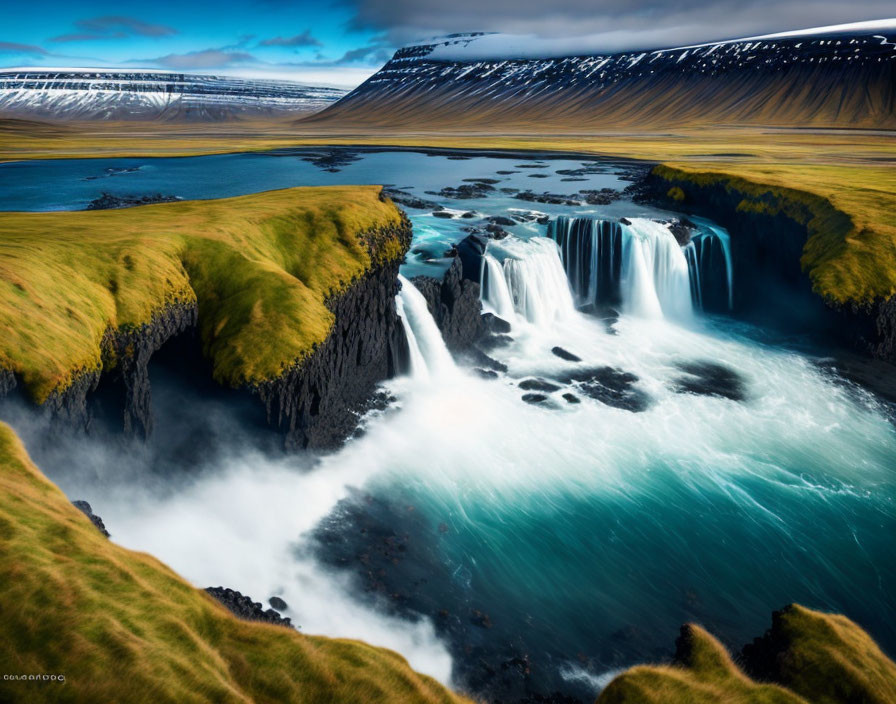 Majestic Waterfall Cascading into Blue Pool surrounded by Green Cliffs