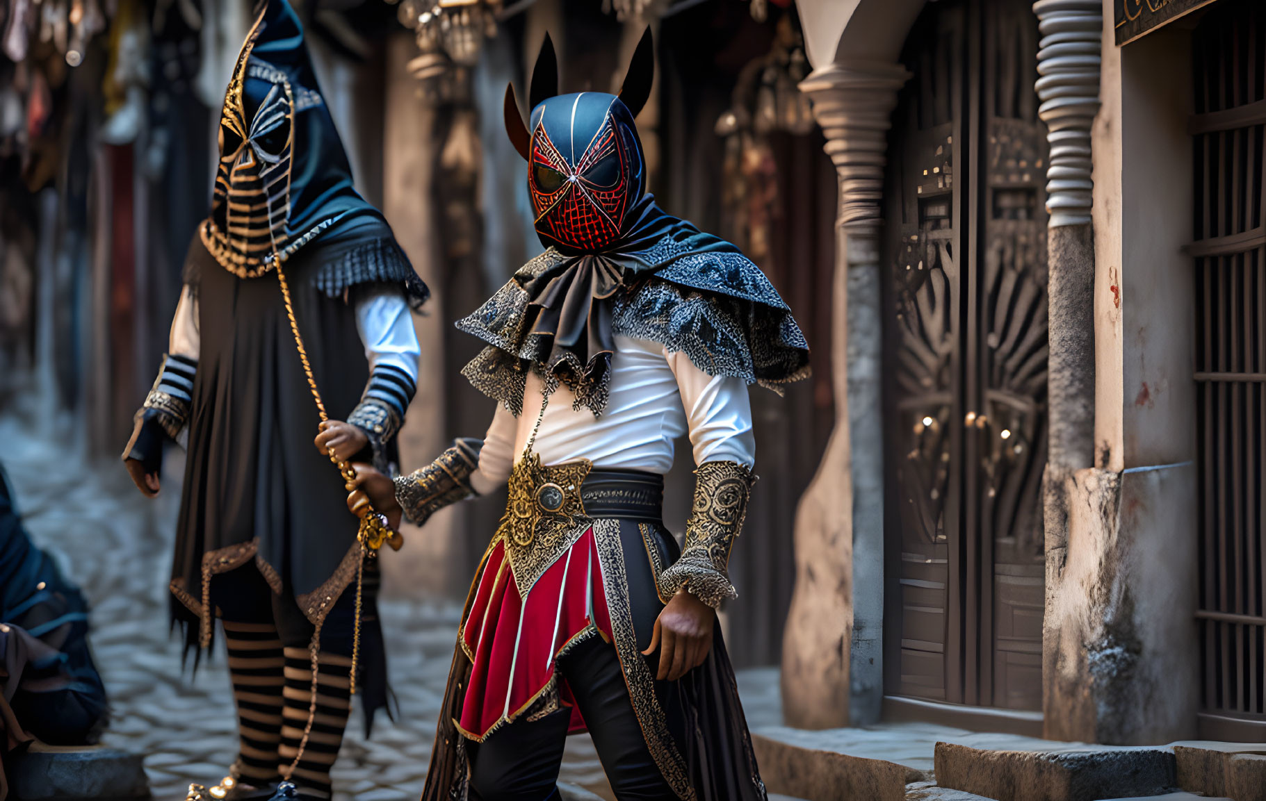 Elaborate Medieval Costumes with Masks on Cobblestone Street