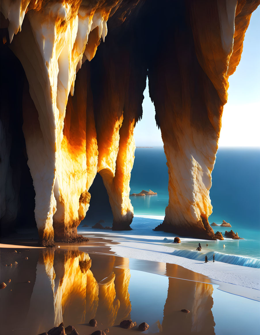 Golden sea cave with wet sand floor and blue ocean view.