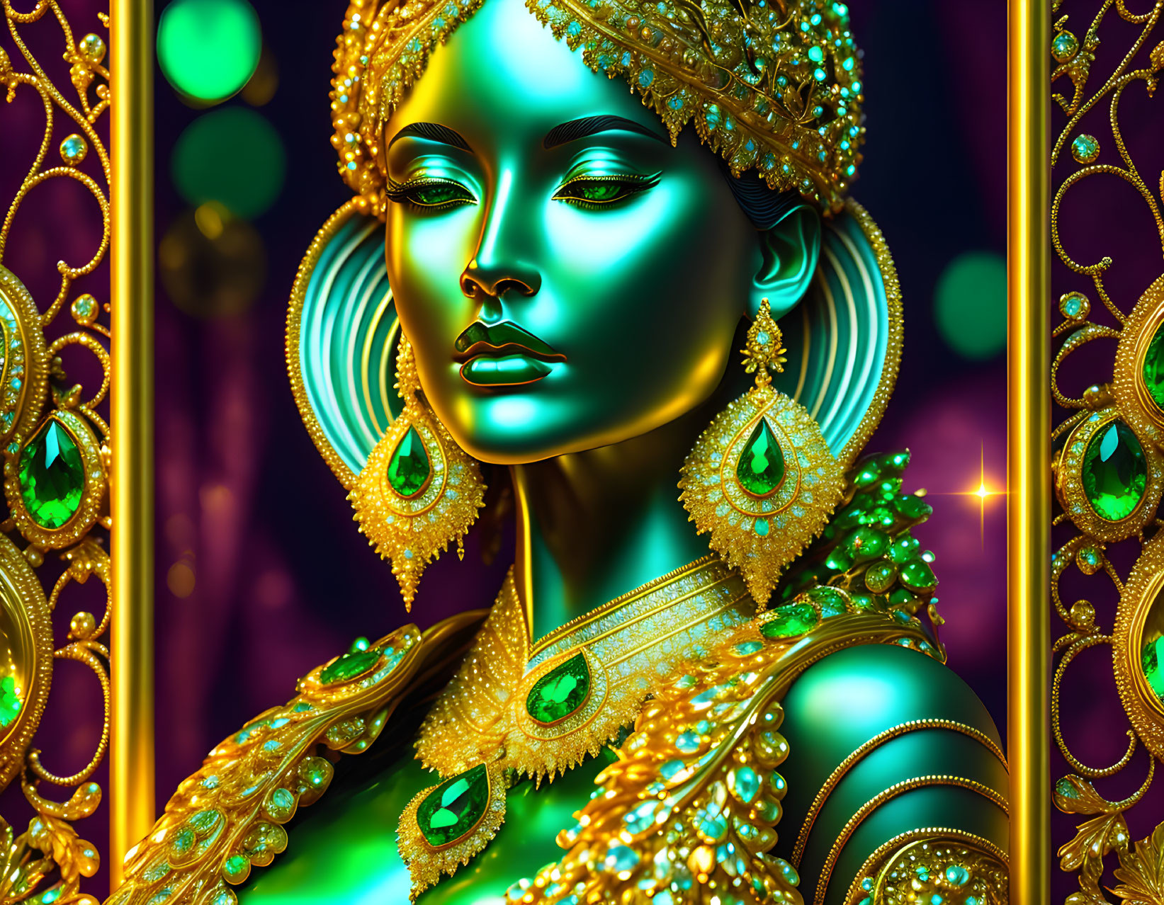 Regal Figure in Emerald and Gold Digital Artwork