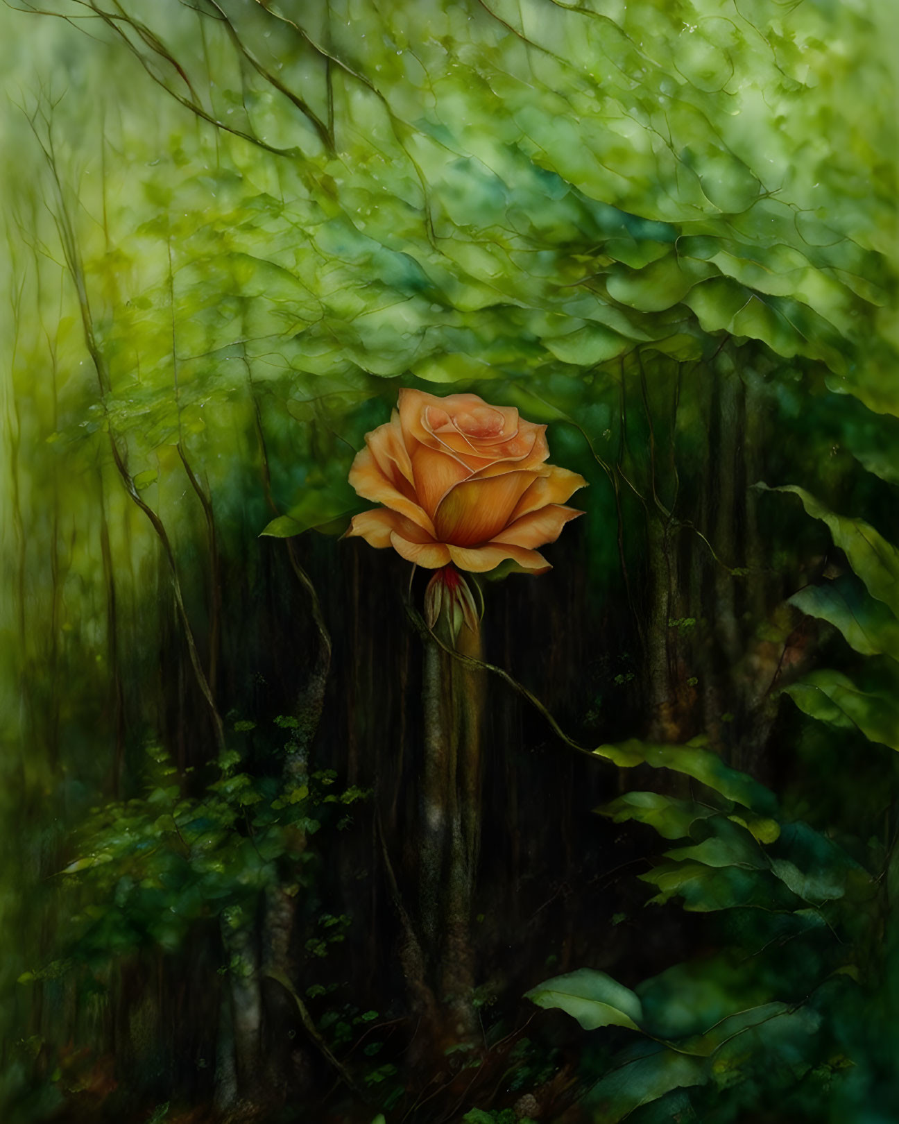 Orange rose blooming on tree stump in lush forest with sunlight filtering through leaves