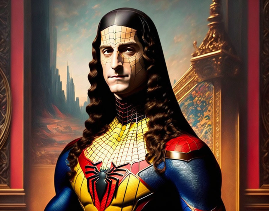 Digital artwork: Mona Lisa blended with Spider-Man in superhero costume