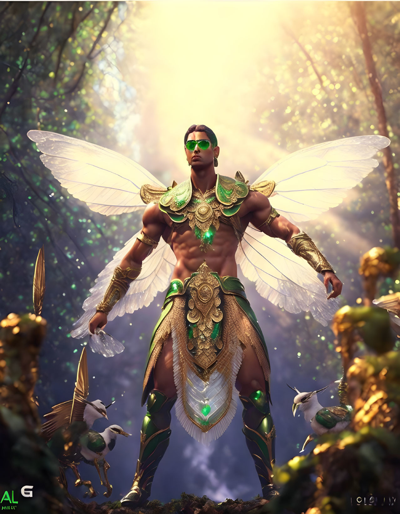 Muscular winged male in golden armor in forest setting with birds and power aura