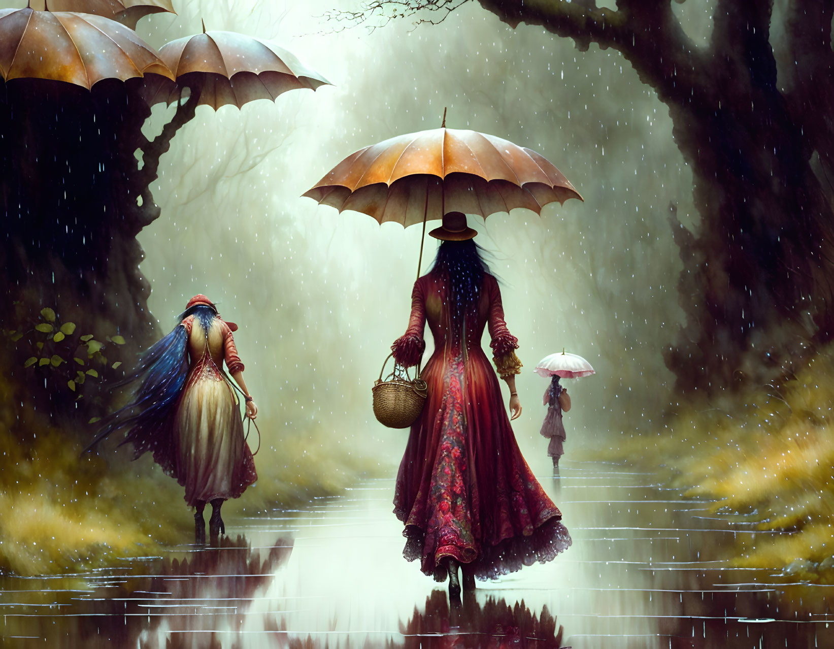 Whimsical painting of three characters with umbrellas in forest rain