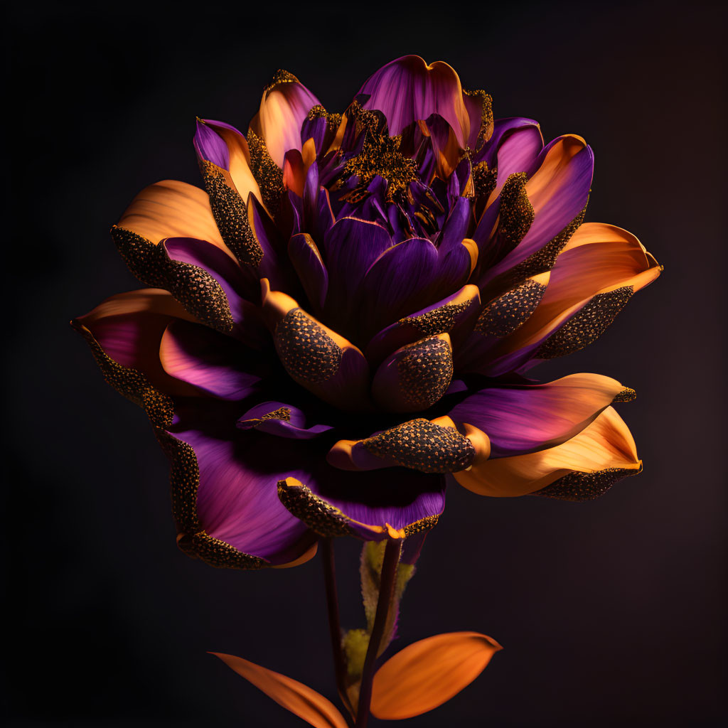 Vivid Purple and Golden Flower with Intricate Textures on Dark Background