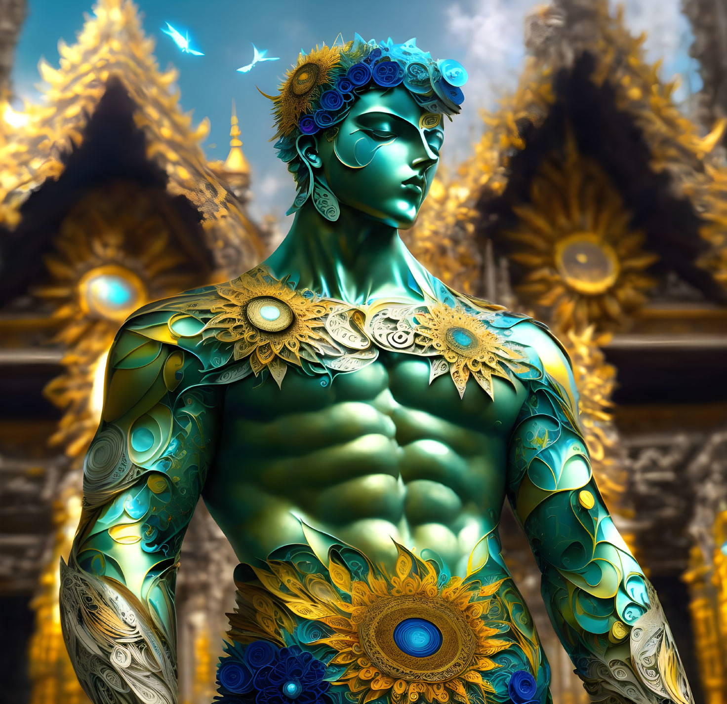 Intricate metallic statue with golden floral patterns near ornate temple under blue sky