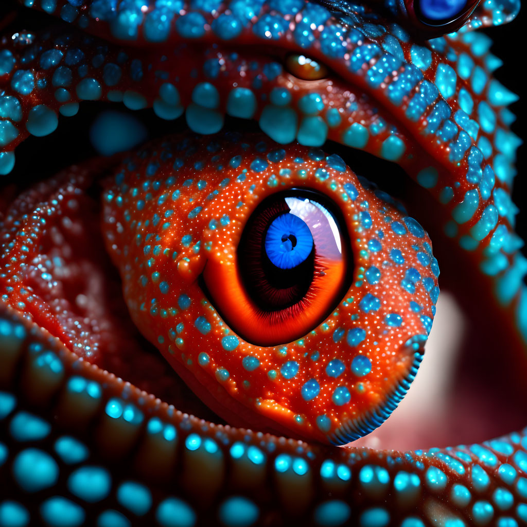 Vividly colored reptile eye with orange skin and blue patterns