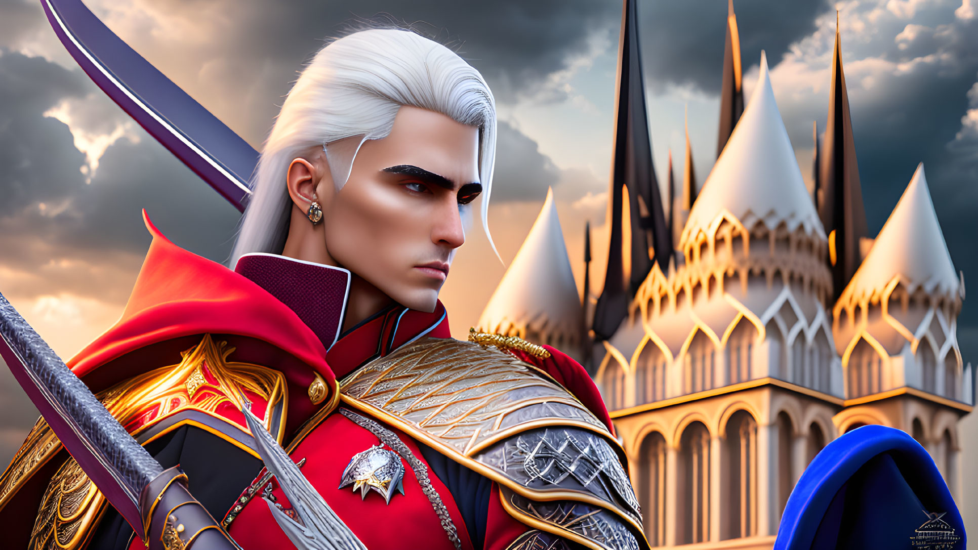 Regal fantasy character in red and gold armor with white hair and sword, castle backdrop