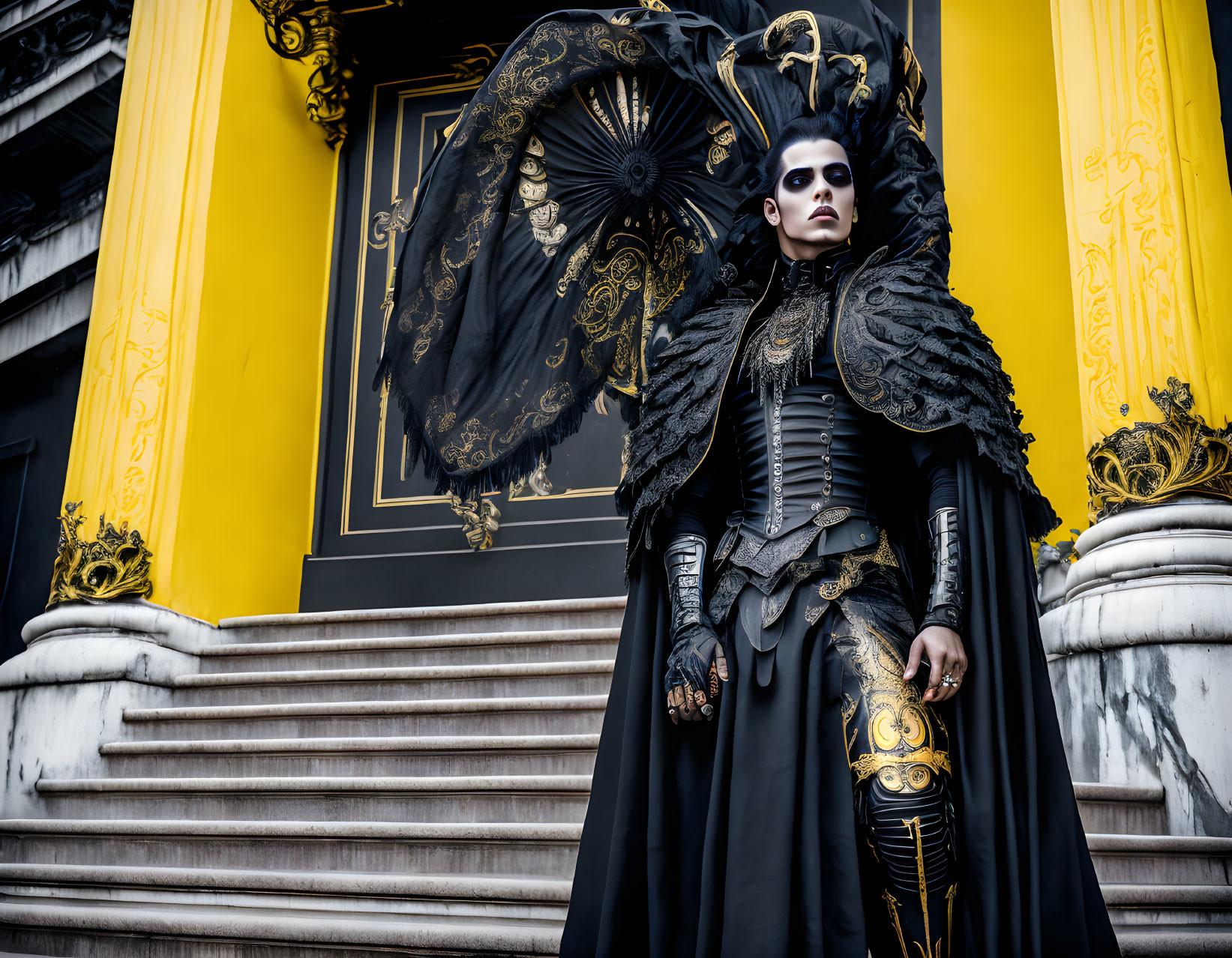 Elaborate gothic attire person with parasol on stairs by yellow and black building