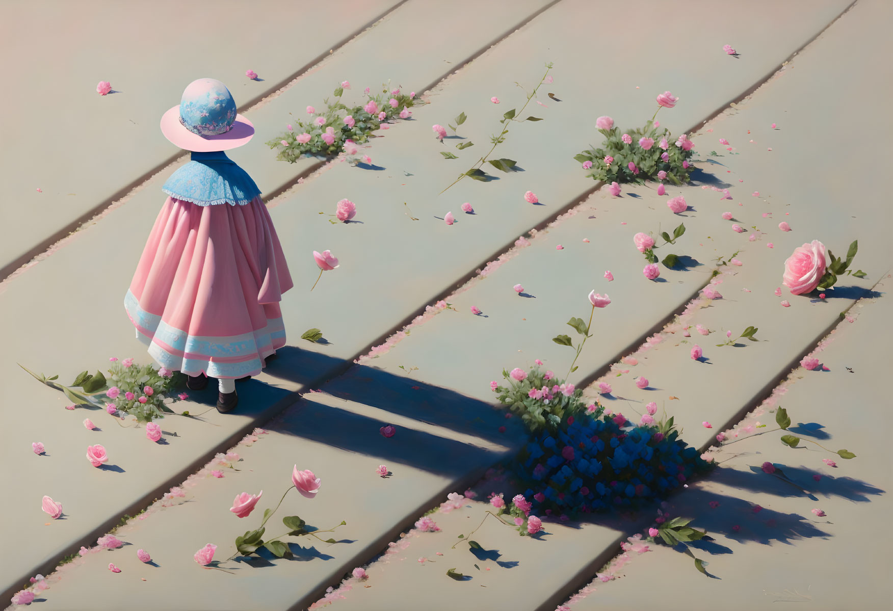 Young girl in pink dress and blue hat among rose petals on patterned walkway with shadows