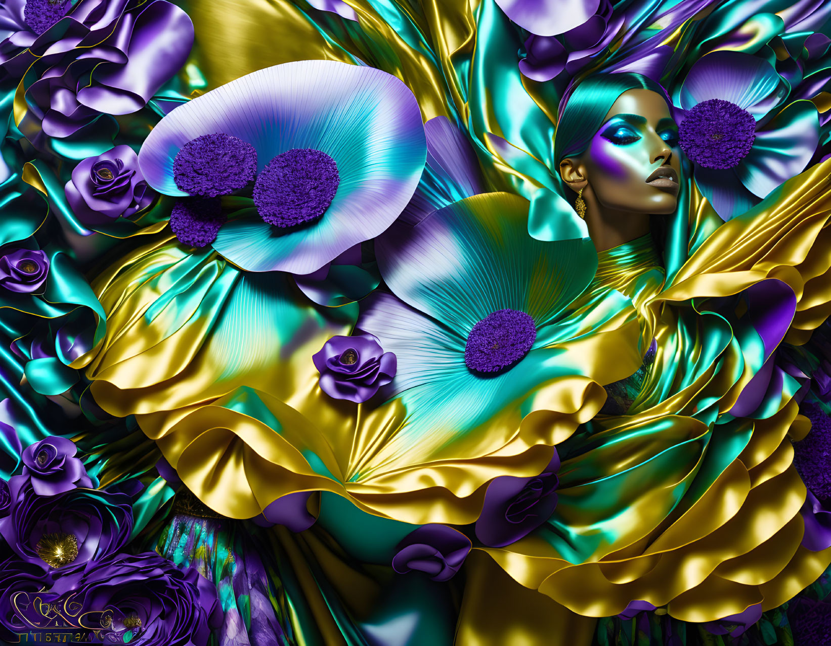 Colorful digital artwork: Woman among surreal, oversized flowers in blue and gold hues