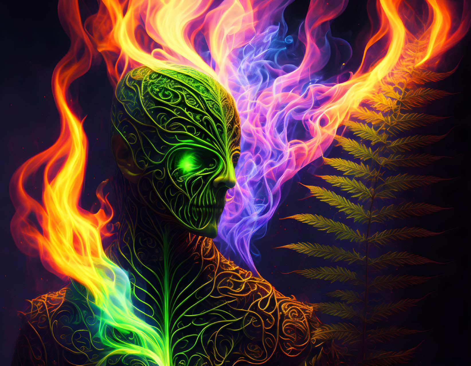 Colorful humanoid figure with glowing patterns surrounded by flames on dark background