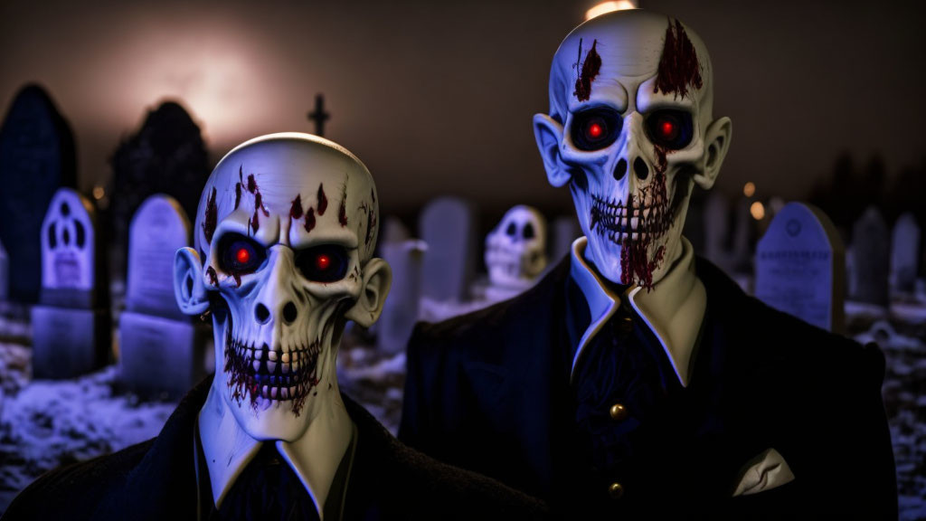 Two individuals in skull masks at night cemetery with tombstones and cross.