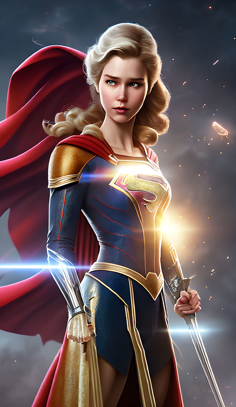 Digital artwork of Supergirl with flowing red cape and glowing eyes