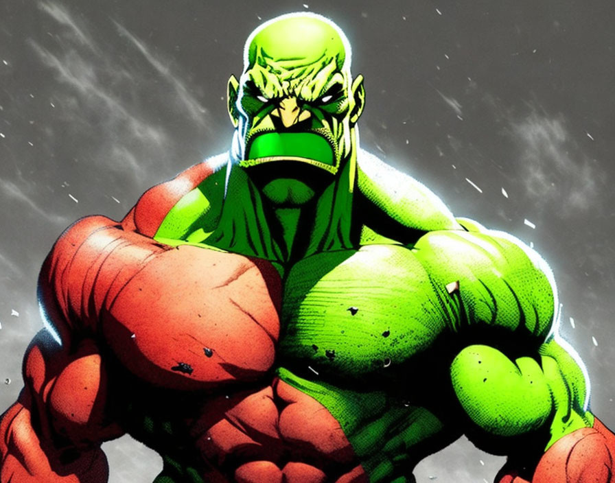 Muscular green-skinned character in fierce pose against starry backdrop.